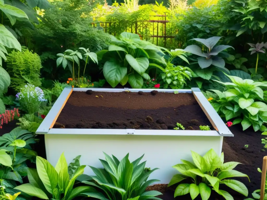 Jardín exuberante con compost Bokashi Un jardín exuberante y vibrante, alimentado por el compostaje Bokashi, rebosante de vida y sostenibilidad