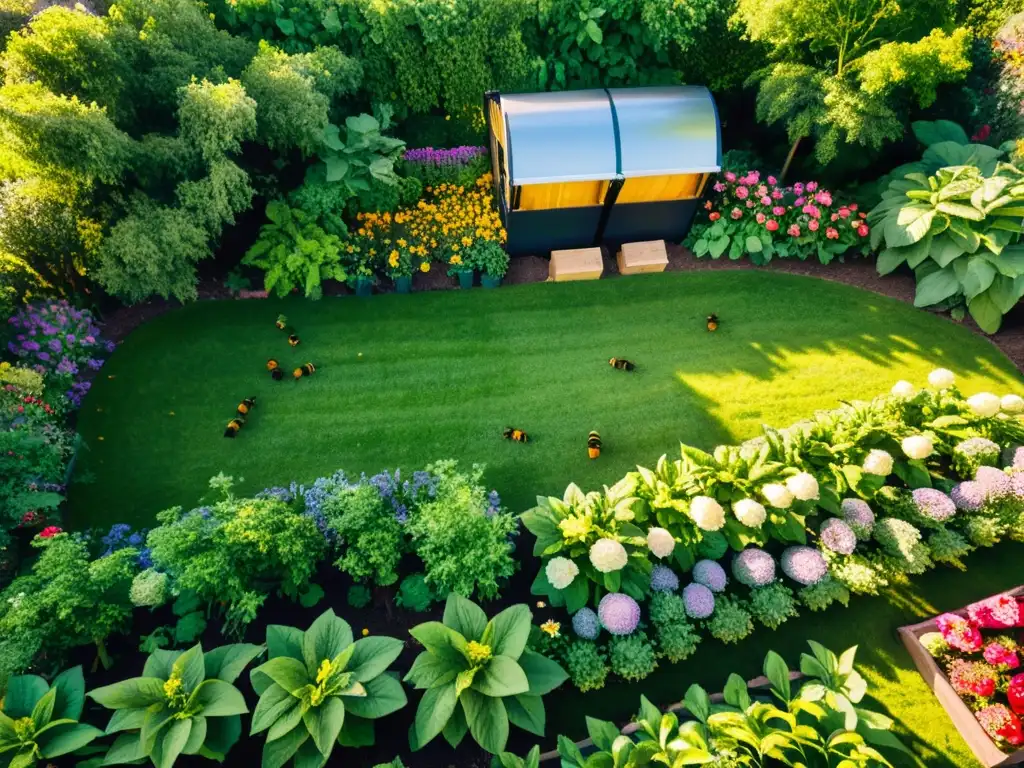 Un jardín exuberante y vibrante con compostaje doméstico, resaltando los beneficios ambientales del compostaje doméstico