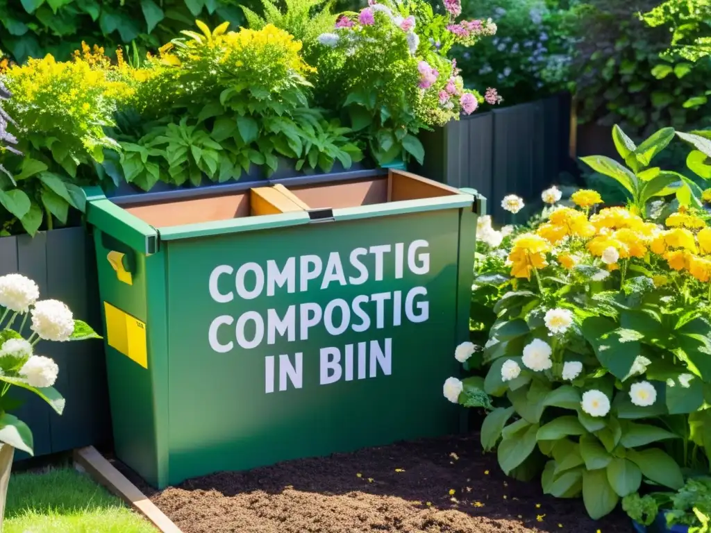 Un jardín exuberante y vibrante, con composteras ordenadas en un rincón