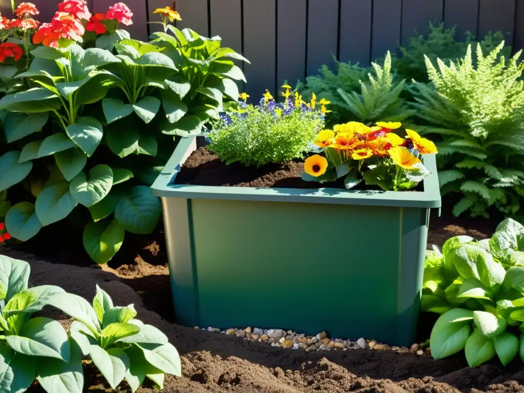 Un jardín exuberante y vibrante, donde la transformación de desechos en recursos da vida a un ecosistema sostenible y próspero