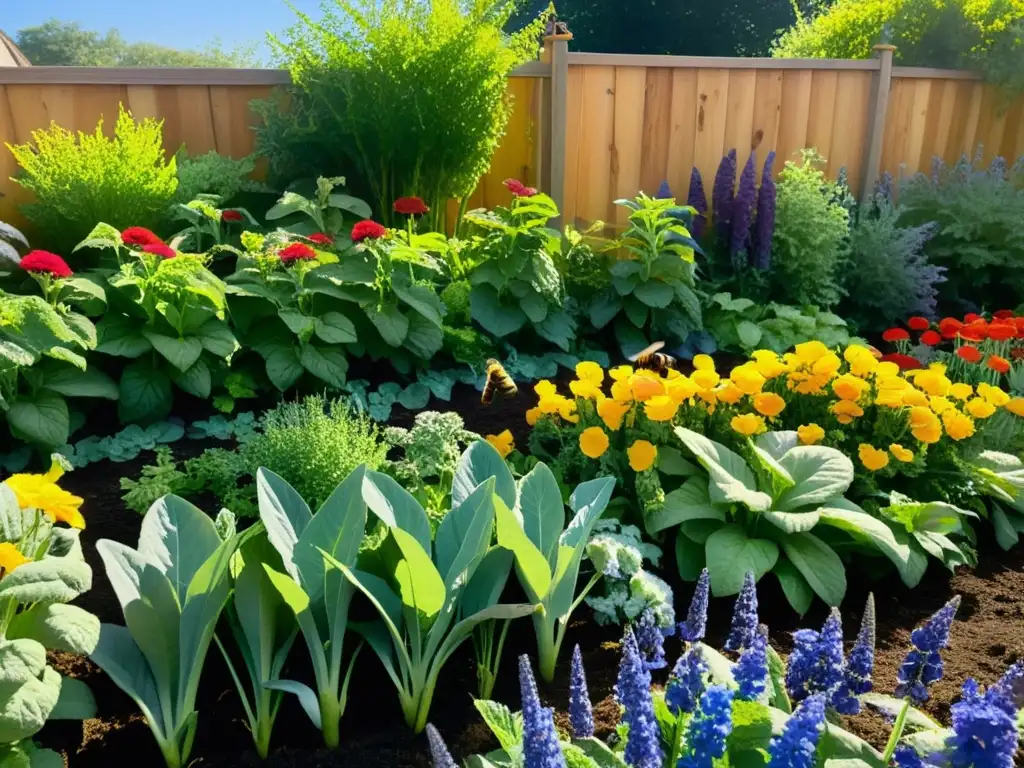 Un jardín exuberante y vibrante, donde flores, vegetales y hierbas crecen en suelo saludable