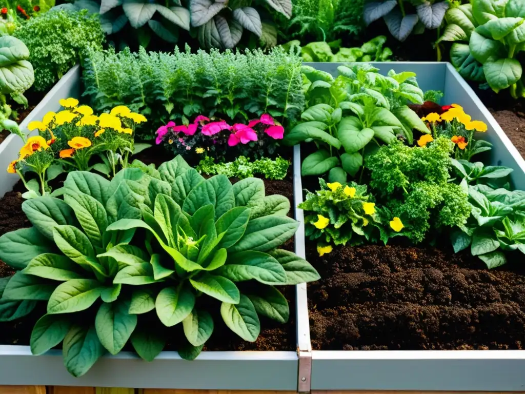 Un jardín exuberante y vibrante con flores coloridas y verduras prósperas, rodeado de compost orgánico teñido de vida