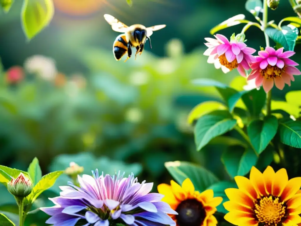 Un jardín exuberante y vibrante con frutas, verduras y flores prósperas, iluminado por el sol, con abejas y mariposas