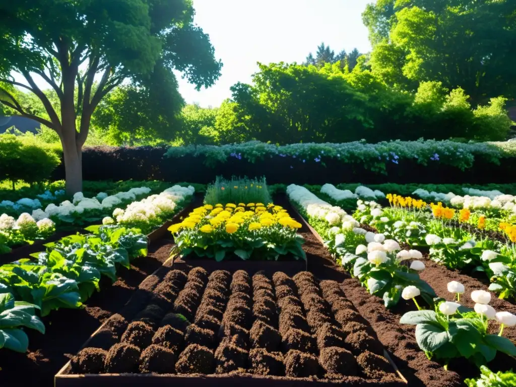 Un jardín exuberante y vibrante con hileras de vegetales y flores rodeadas de compost oscuro