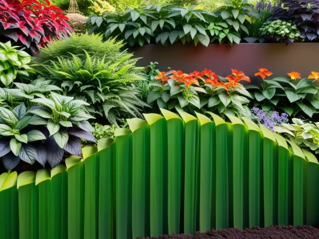 Un jardín exuberante y vibrante, lleno de plantas saludables y prósperas bajo la luz del sol, con sombras moteadas en la tierra fértil