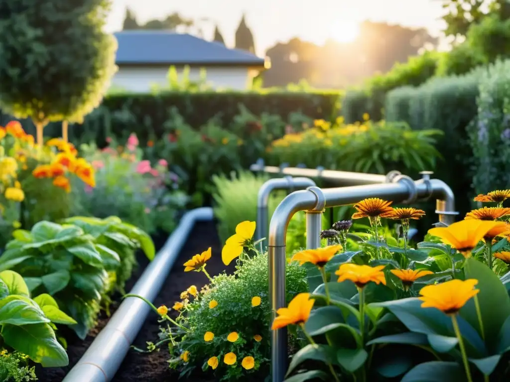 Un jardín exuberante y vibrante con un moderno sistema de riego sostenible, donde la luz del sol ilumina las plantas con gotas de agua reciclada