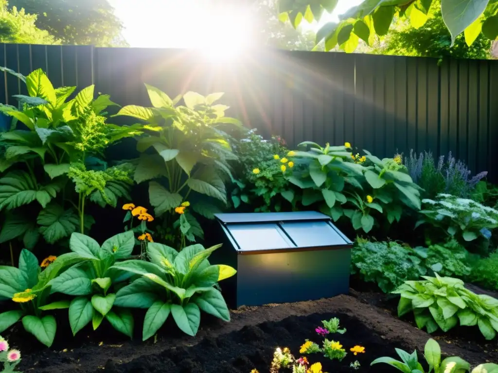 Un jardín exuberante y vibrante de permacultura, con plantas, flores y hortalizas prósperas en tierra rica y oscura enriquecida con compost