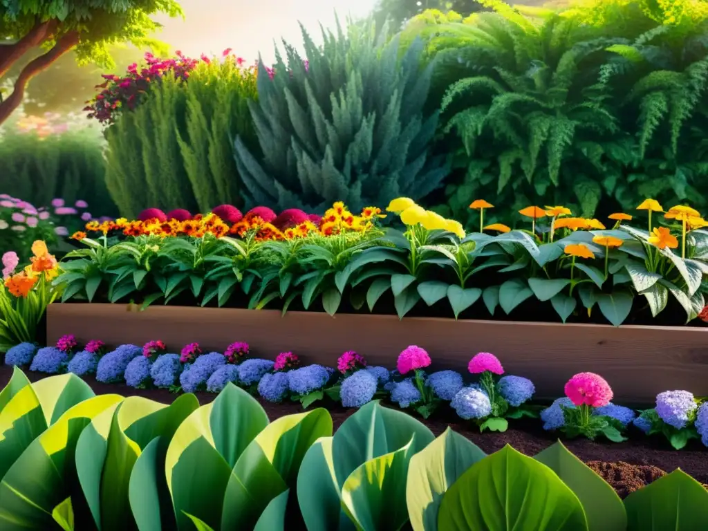 Un jardín exuberante y vibrante repleto de flores coloridas y plantas saludables, con compost en la base