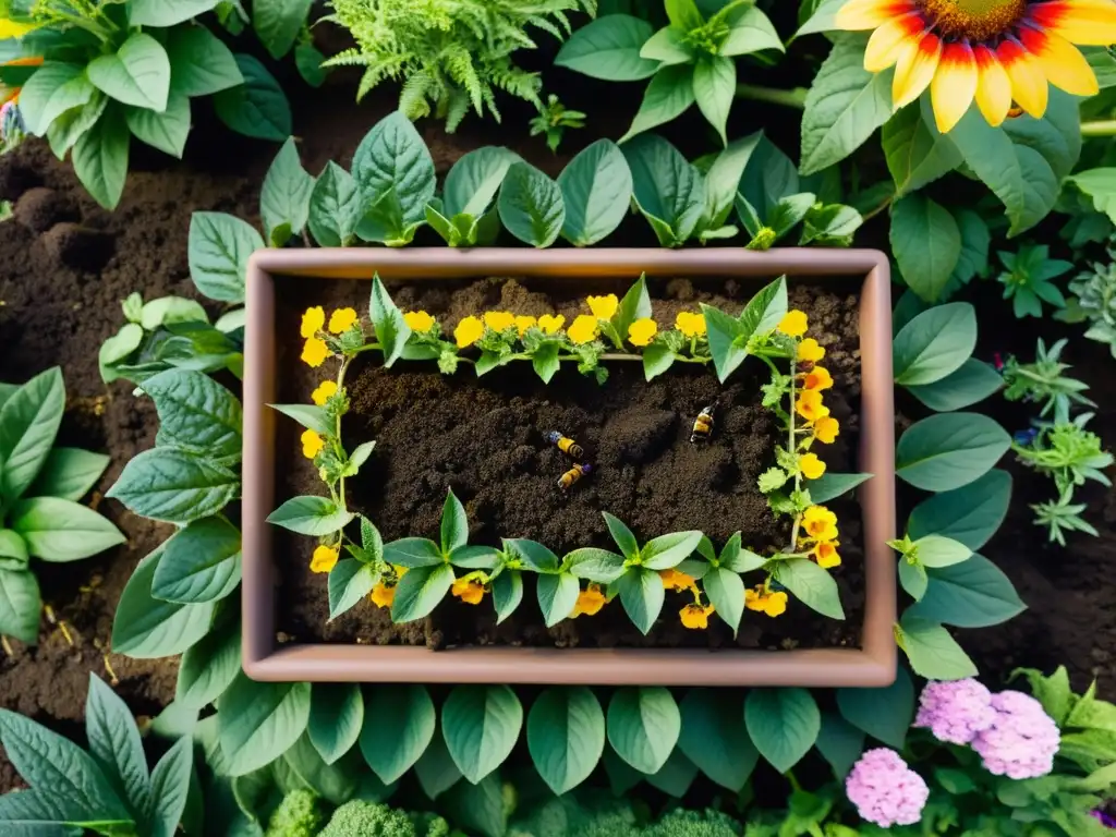 Un jardín exuberante y vibrante, repleto de flores, frutas y verduras coloridas, nutrido por técnicas compostaje reducir huella ecológica