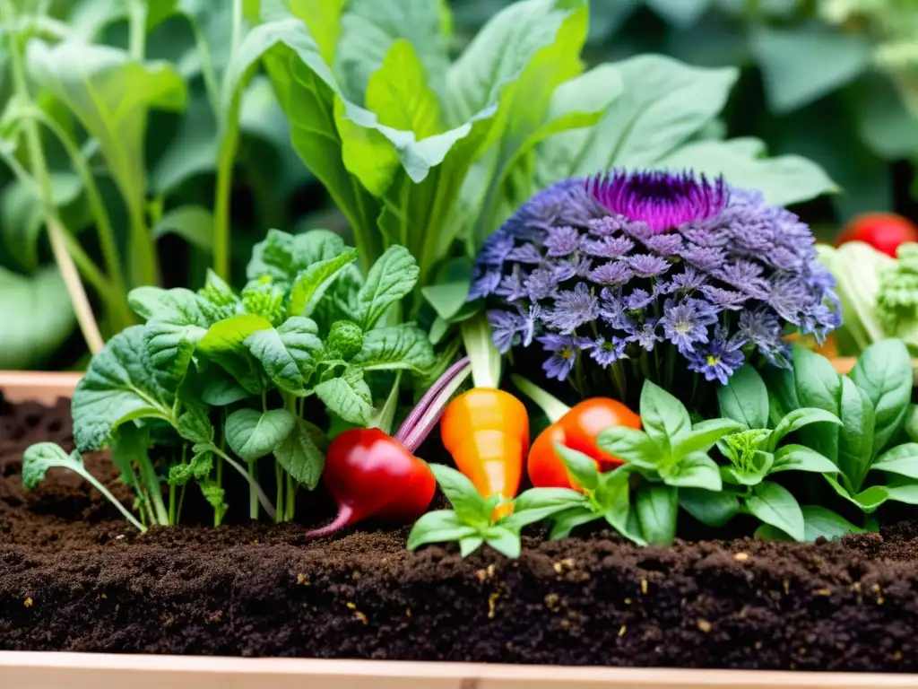 Un jardín exuberante y vibrante con vegetales y flores, nutrido por técnicas de compostaje en casa