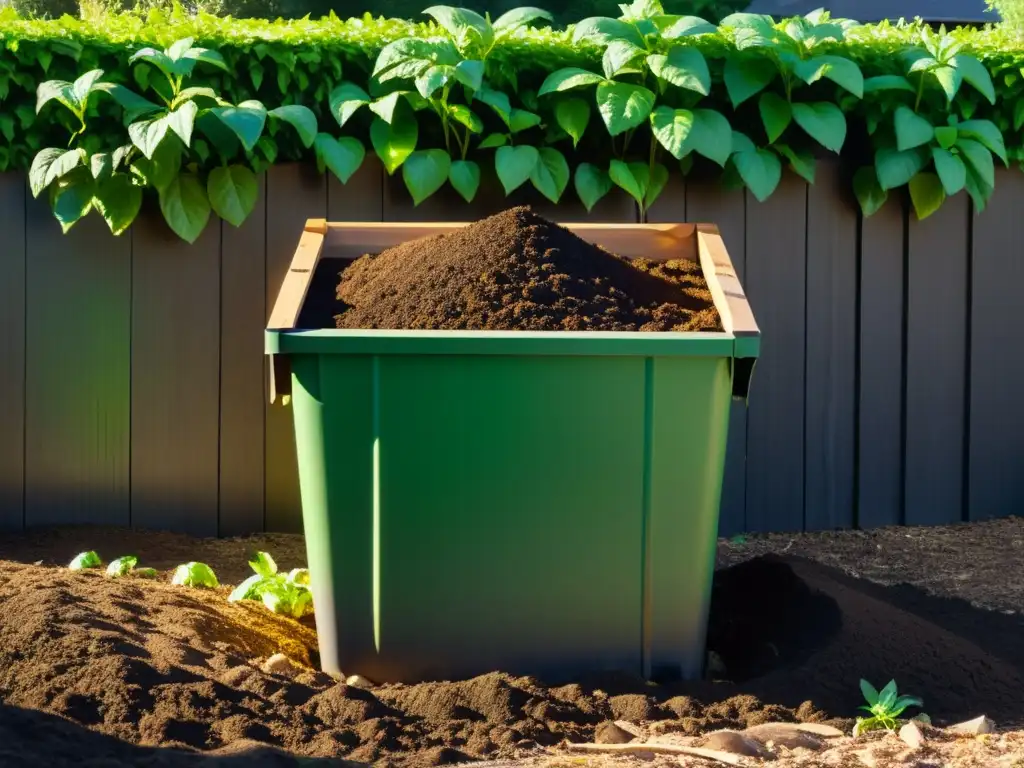 Un jardín sereno con compostaje para reducir emisiones: suelo oscuro, plantas verdes y luz solar filtrándose entre las hojas