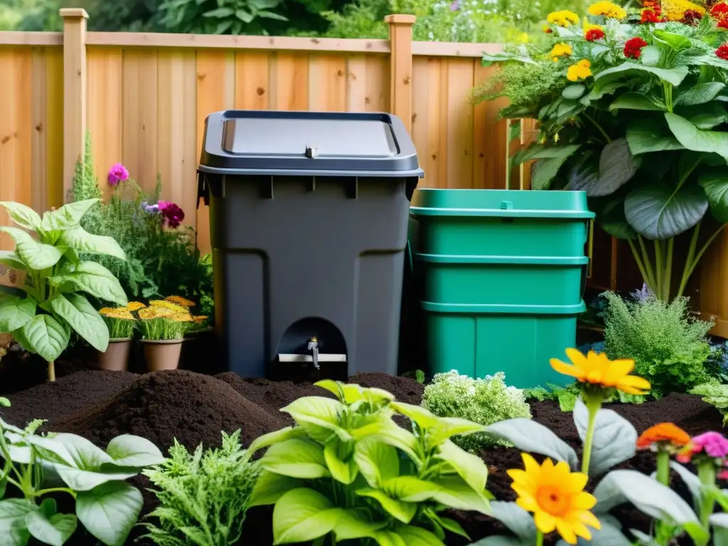 Un jardín soleado lleno de plantas verdes vibrantes y flores coloridas, con un compostador rebosante rodeado de tierra oscura