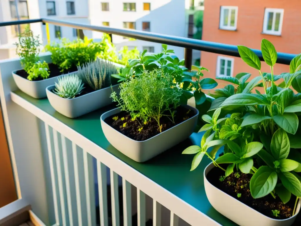 Un jardín urbano en un balcón pequeño muestra el éxito del compostaje Bokashi en espacios pequeños, con plantas prósperas en contenedores