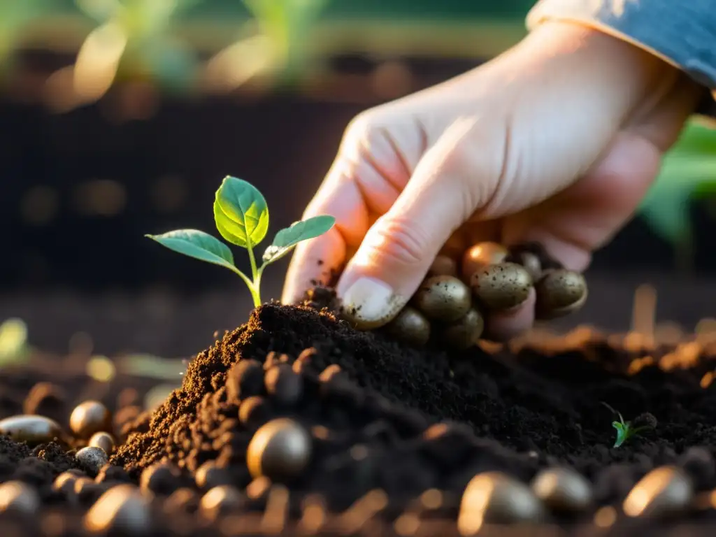 Un jardinero experimentado siembra ecofriendly en el hogar, cuidando de una plántula con tierra húmeda y llena de vida