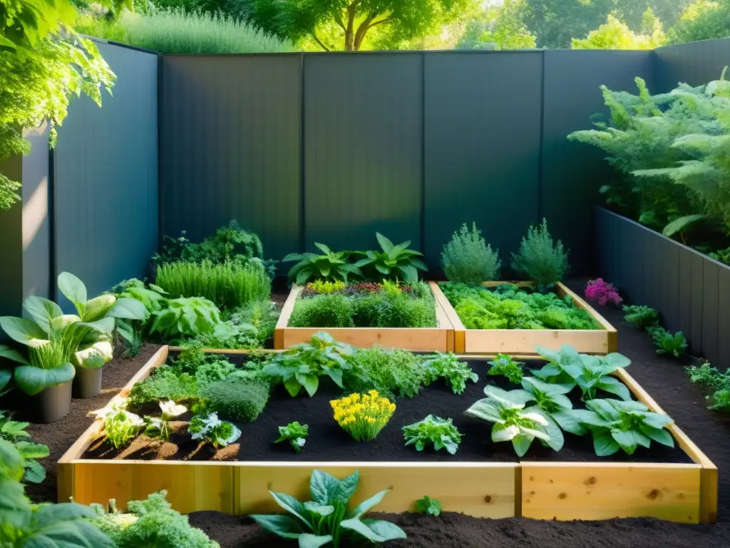 Jardines permaculturales sostenibles: Un oasis urbano con camas elevadas en patrón geométrico, rebosante de vegetación armoniosa y compostaje