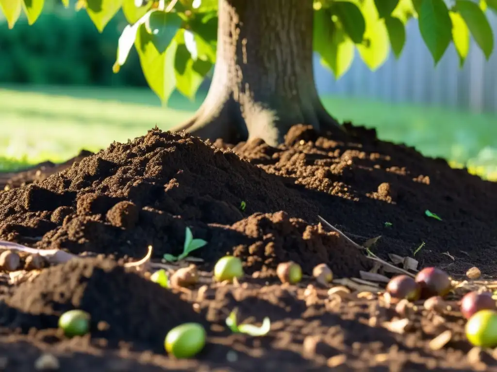 Un joven árbol frutal rodeado de compost en un jardín orgánico exuberante