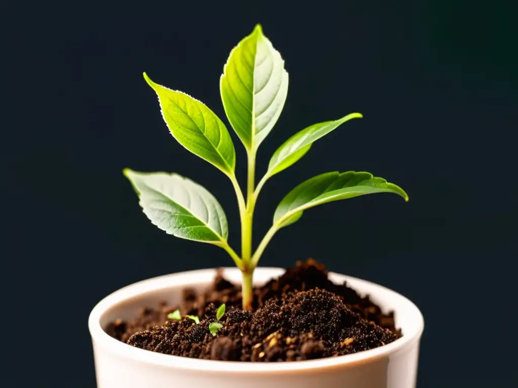 Joven planta verde emerge de compostaje doméstico, indicadores de compostaje doméstico