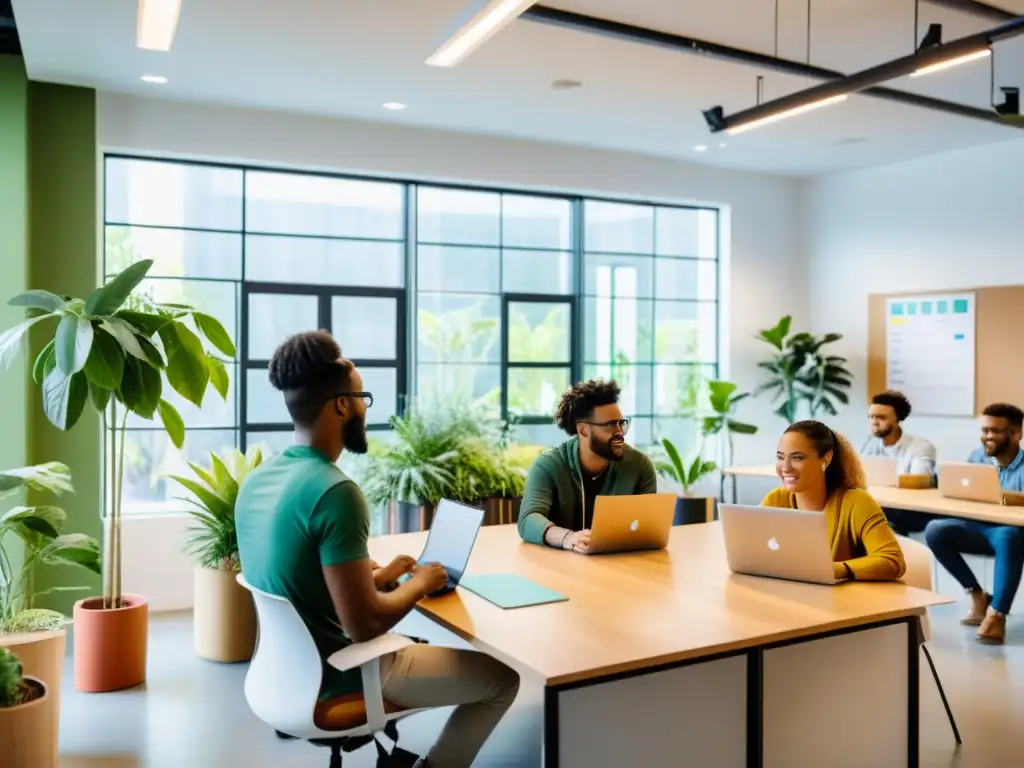 Jóvenes emprendedores en espacio coworking moderno, colaboración e innovación, Startups de reciclaje innovadoras