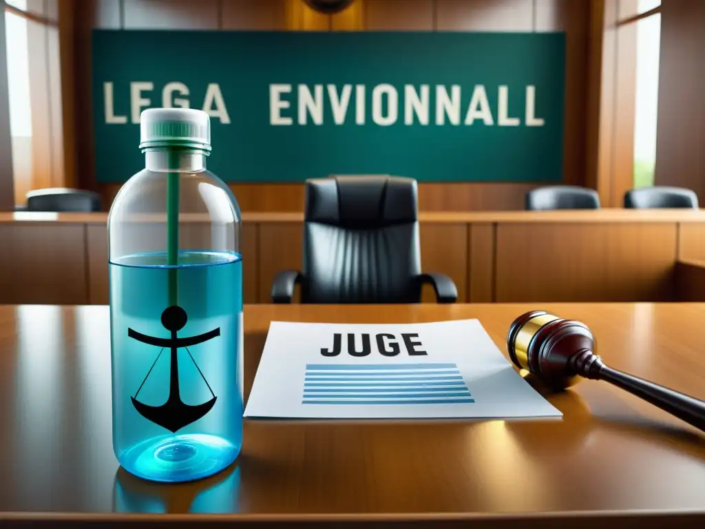 El juez golpea una botella de plástico de un solo uso en un tribunal, simbolizando el impacto legal del plástico en el medio ambiente