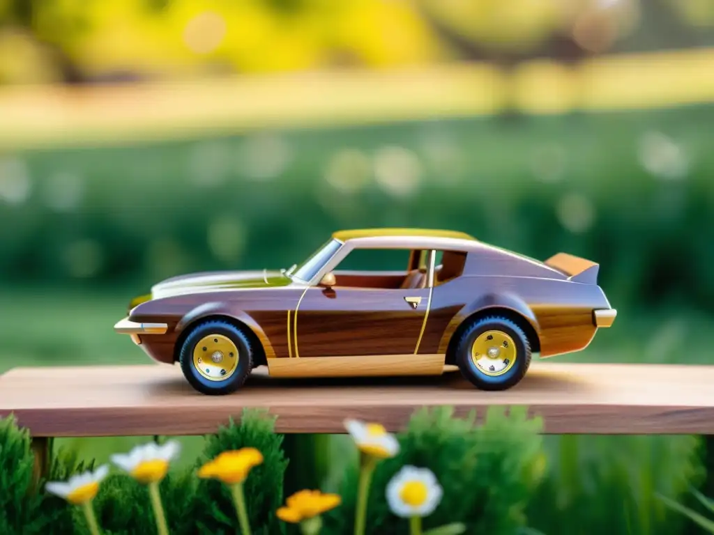 Juguetería sostenible hecha en casa: Coche de madera artesanal, detallado y pulido, sobre un fondo de naturaleza vibrante y cálida luz solar