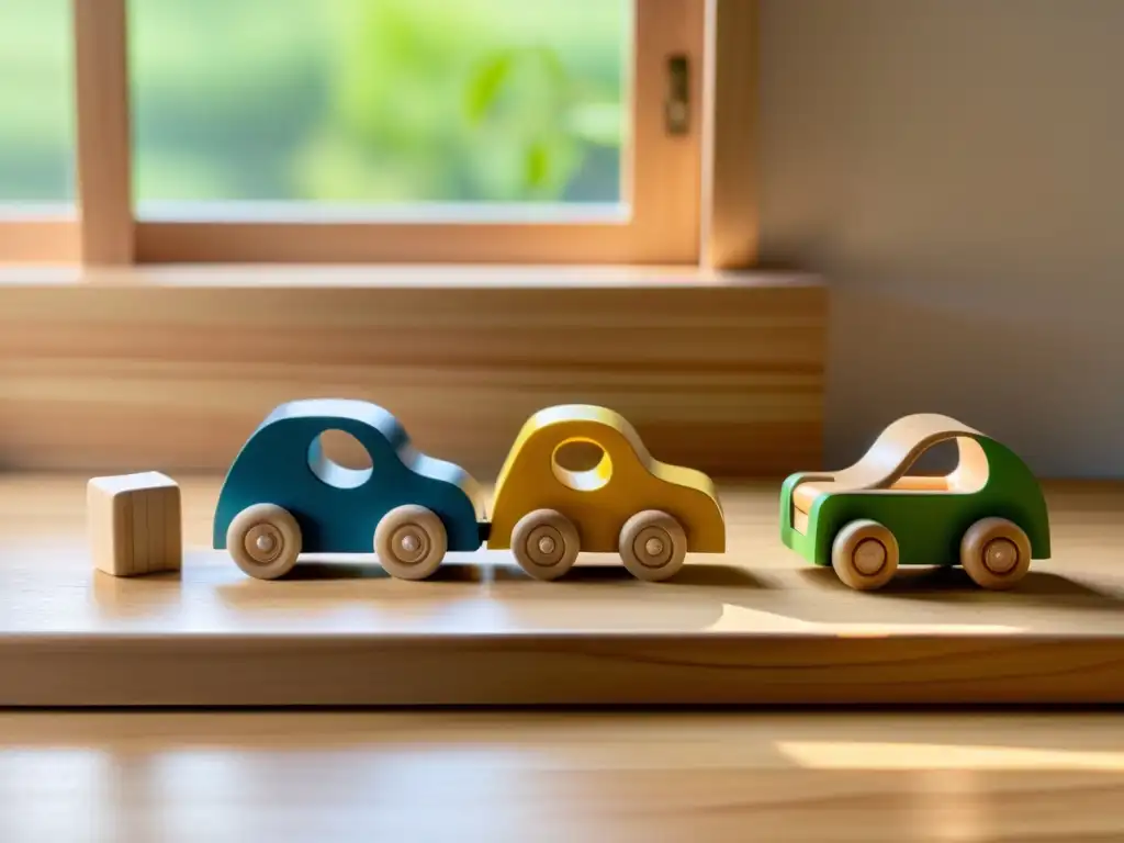 Juguetes sostenibles para niños: Set de madera con coche, bloques y figuritas, iluminado por luz natural en una mesa de madera clara