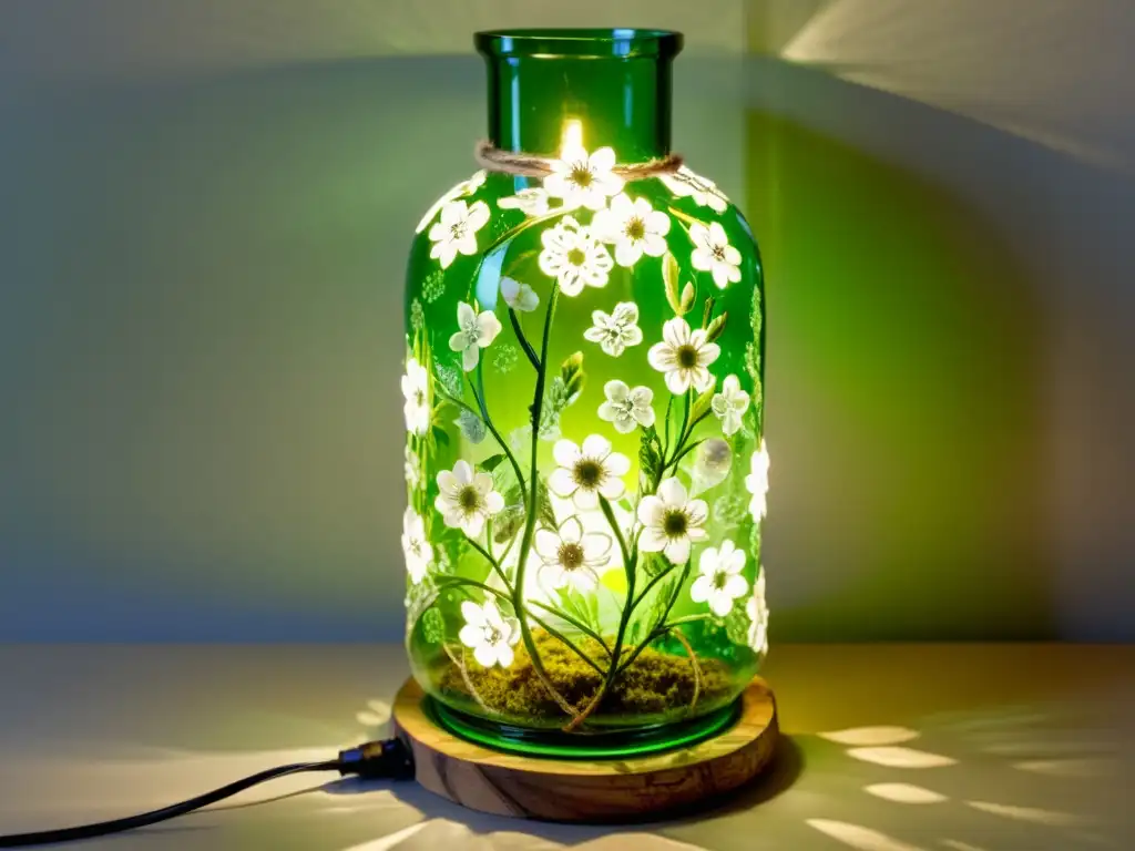 Lámpara reciclada hazlo tú mismo: botella verde reutilizada con luz cálida, detalles de twine y flores secas, creando un ambiente rústico encantador