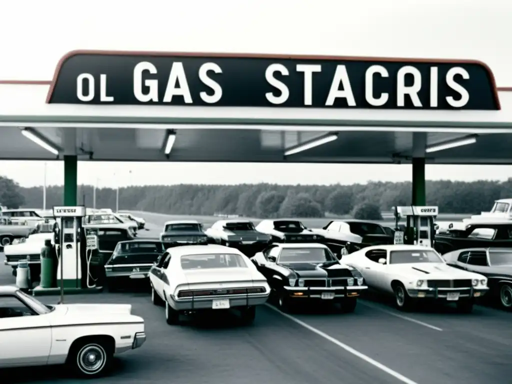 Largas filas de autos en la gasolinera durante la crisis del petróleo de los 70