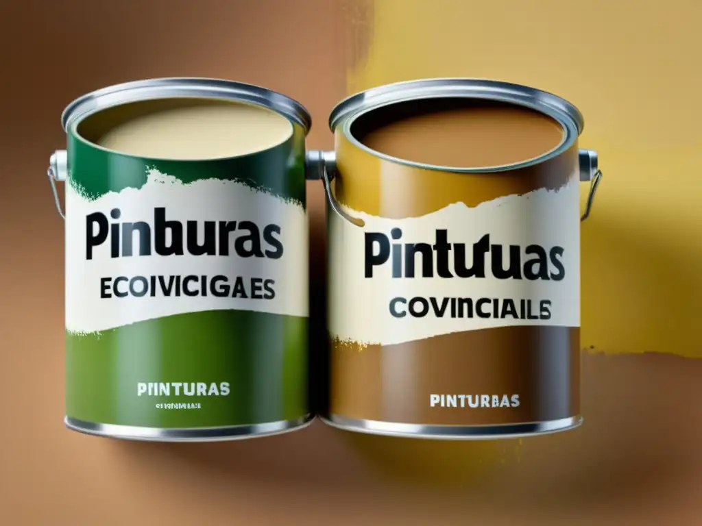 Dos latas de pintura abiertas, una 'pinturas ecológicas' con tonos naturales y otra 'pinturas convencionales' con aspecto químico