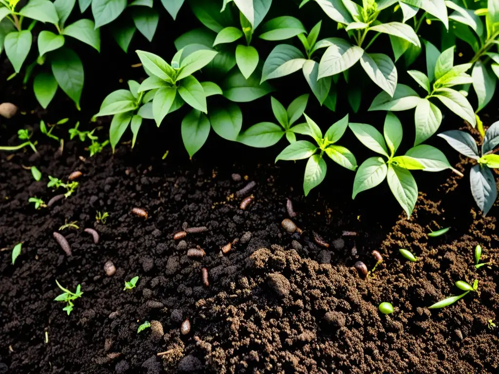 Un lecho de jardín exuberante y fértil con técnicas de compostaje para conservar humedad, donde brotan pequeñas plantas verdes