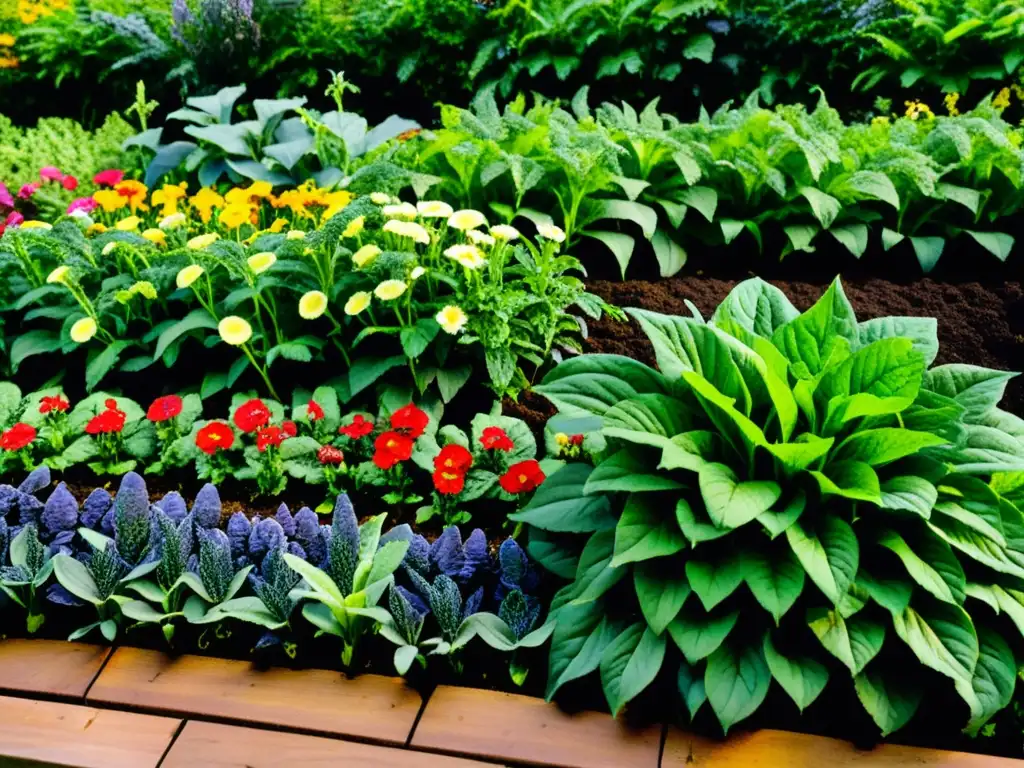 Un lecho de jardín exuberante y próspero con flores coloridas, follaje exuberante y vegetales vibrantes