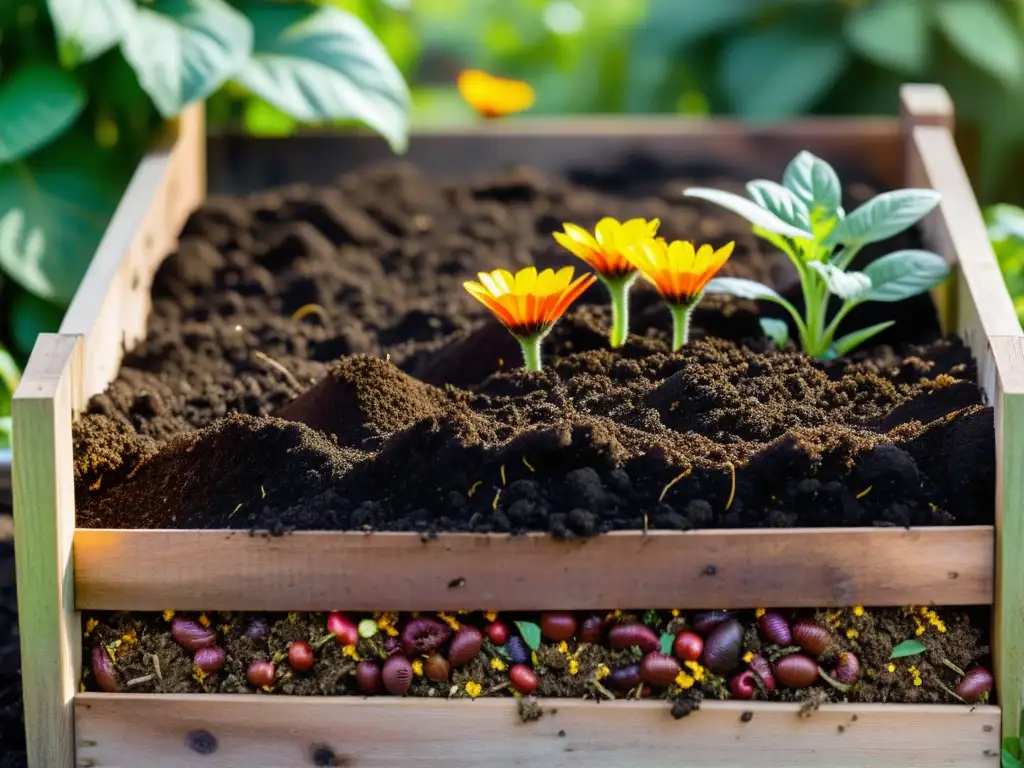 Un lecho de jardín vibrante y próspero lleno de compostaje en el hogar sostenible, con plantas exuberantes y gusanos de tierra