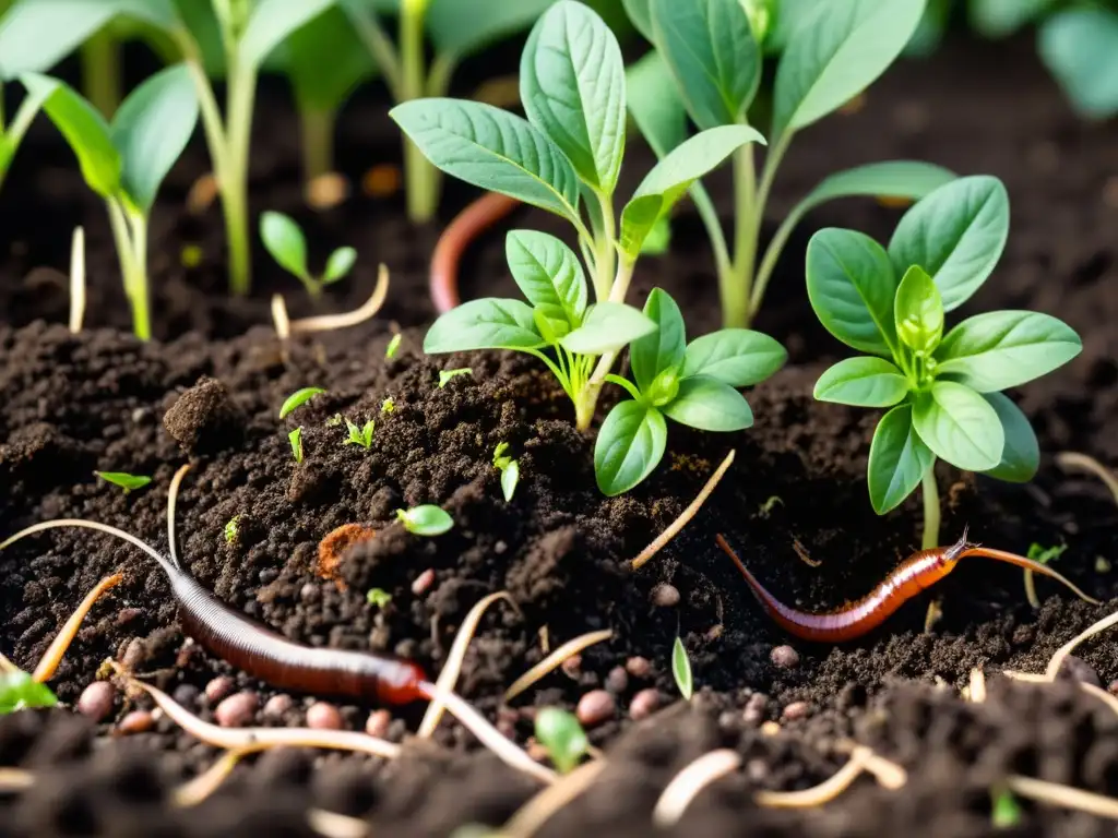 Un lecho de jardín vibrante y saludable, con indicadores de compostaje saludable y brotes verdes emergiendo del suelo oscuro y rico