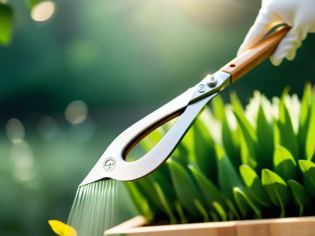 Limpieza eco-friendly de herramientas de jardinería con agua y sol, en un ambiente natural y sereno