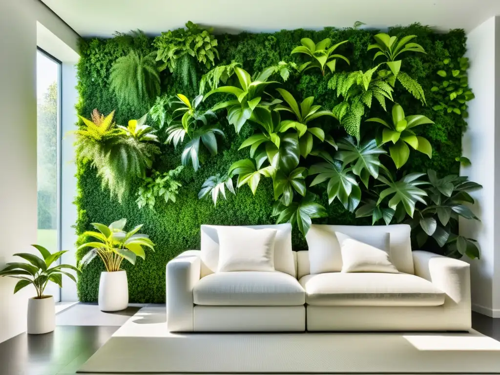 Un living blanco minimalista con una impresionante pared de plantas vivas