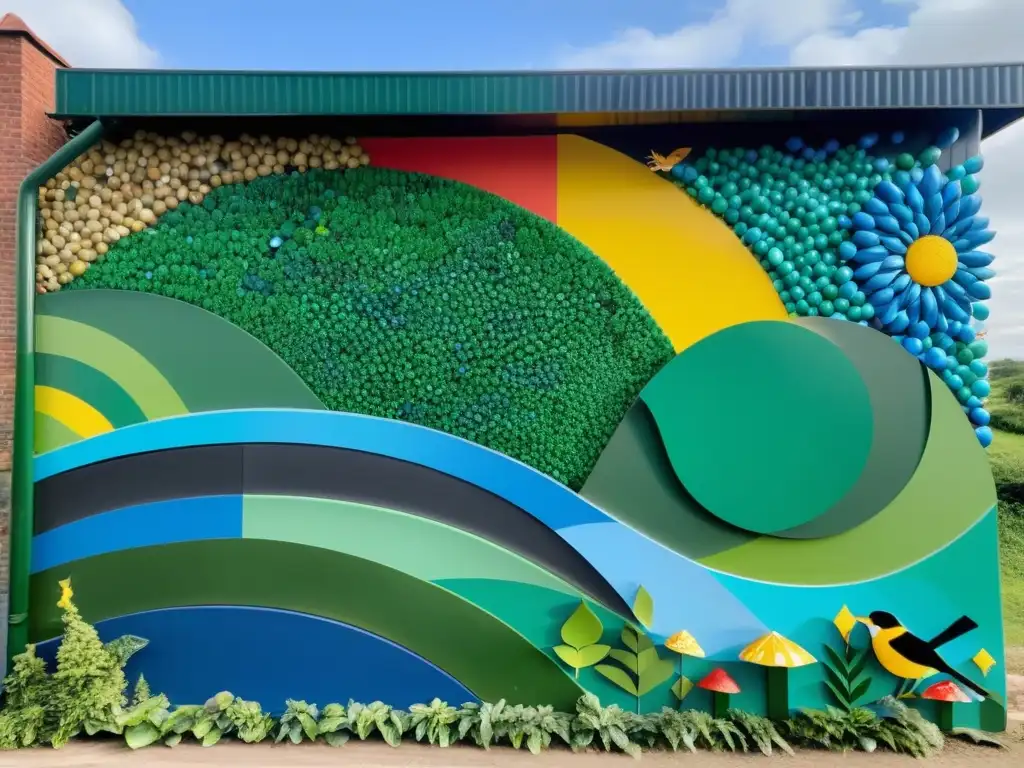 Un llamativo mural comunitario con elementos reciclados que representa la naturaleza en una impactante obra de arte