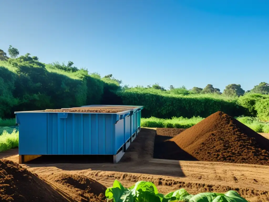 Instalación local de compostaje con contenedores ordenados, rodeada de exuberante vegetación y cielo azul