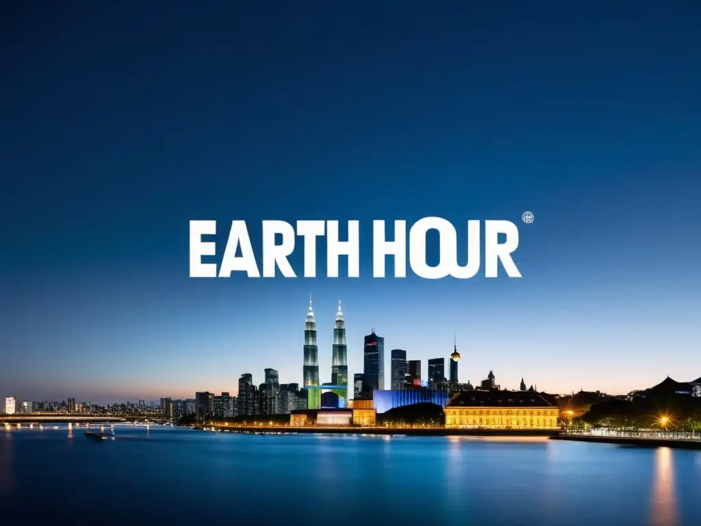 Logo de La Hora del Planeta brilla en la ciudad al atardecer El logo de Earth Hour WWF brilla sobre el horizonte de la ciudad al anochecer, simbolizando la resonancia global de la campaña