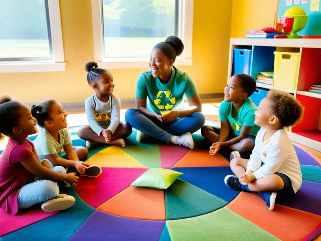 Una maestra entusiasta enseña a niños sobre reciclaje en el currículo infantil, en un aula colorida y llena de luz