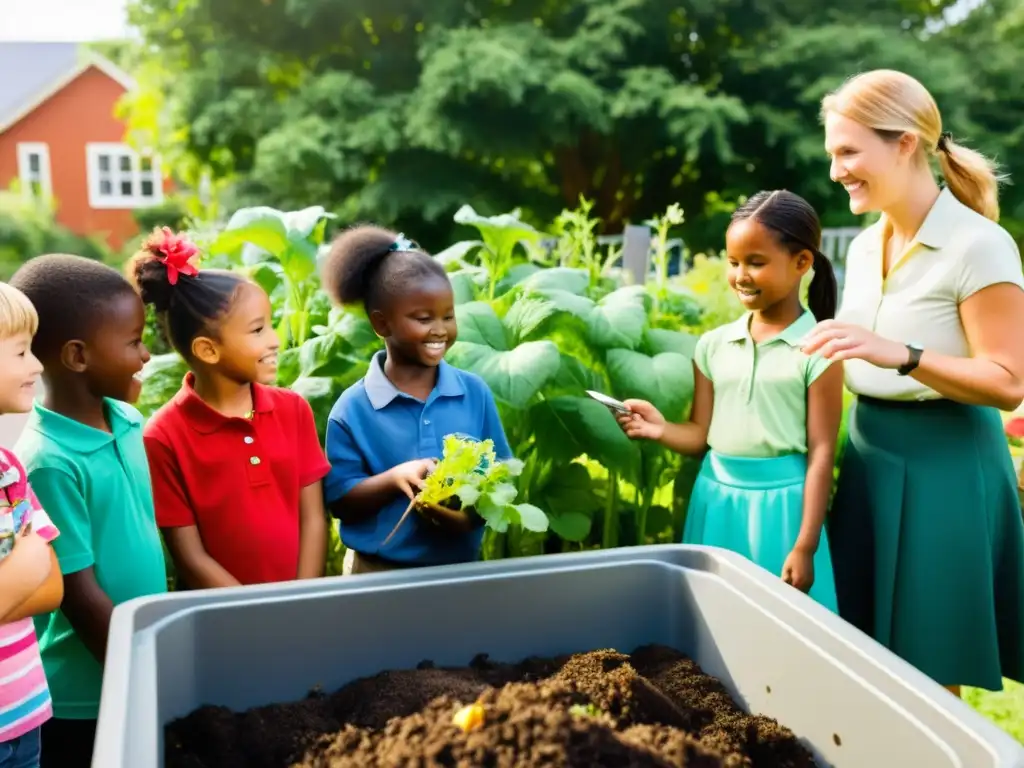 Maestra enseñando a los niños compostaje y reciclaje en el jardín escolar, rodeados de naturaleza y alegría