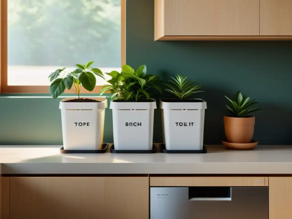 Manejo efectivo residuos hogar: Cocina minimalista y ordenada con contenedores separados para compost, reciclaje y desechos, bañada por luz natural