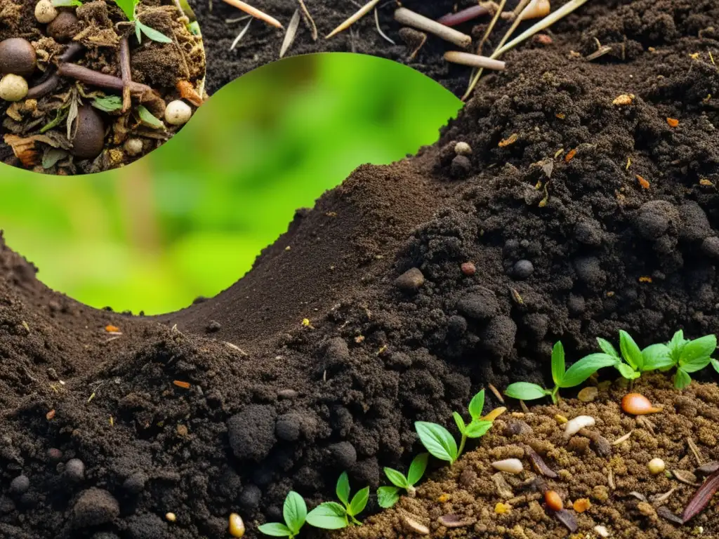 Manejo experto del pH en compostaje: Detalle de una pila de compost, con texturas orgánicas y signos visibles de actividad microbiana