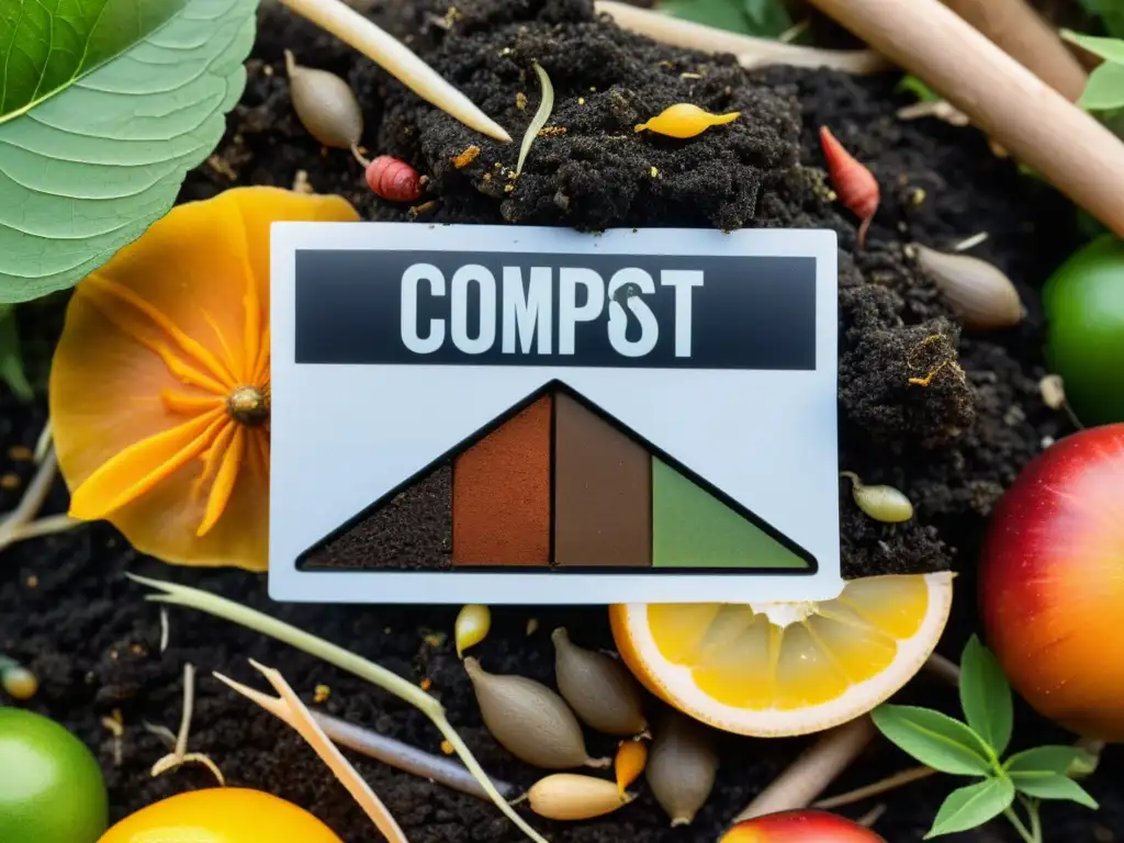 Manejo experto del pH en compostaje: Detalle de una pila de compost con materiales orgánicos en descomposición y organismos como lombrices e insectos