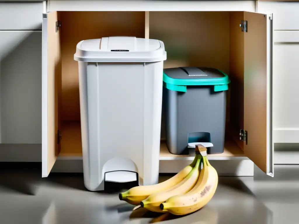 Manejo seguro de residuos en el hogar: Basura y reciclaje en la cocina blanca impecable, con artículos separados visualmente en bolsa transparente