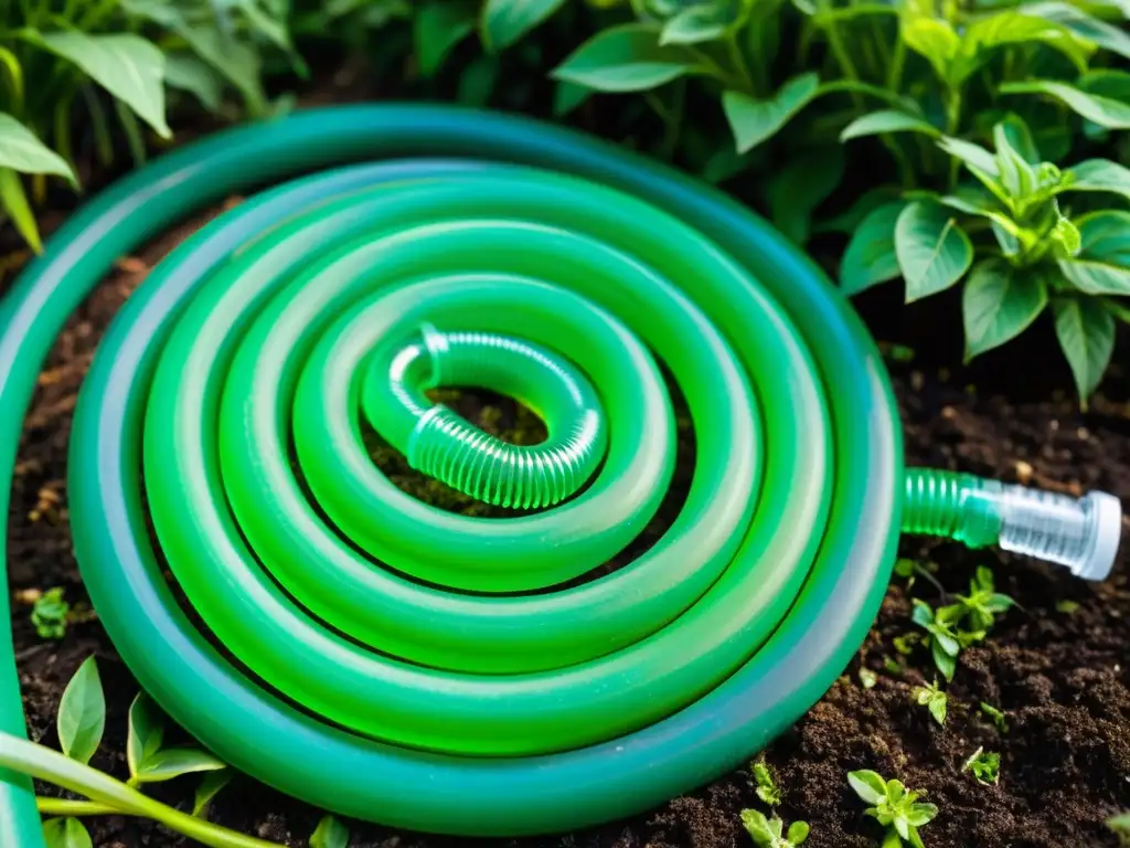 Mangueras de riego recicladas que brillan con gotas de agua, sobre un lecho de jardín verde y exuberante