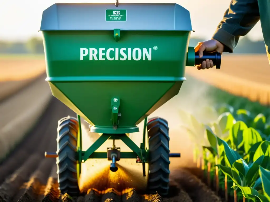 Mano de agricultor experto aplicando correctamente fertilizantes orgánicos con precisión en un campo exuberante al atardecer