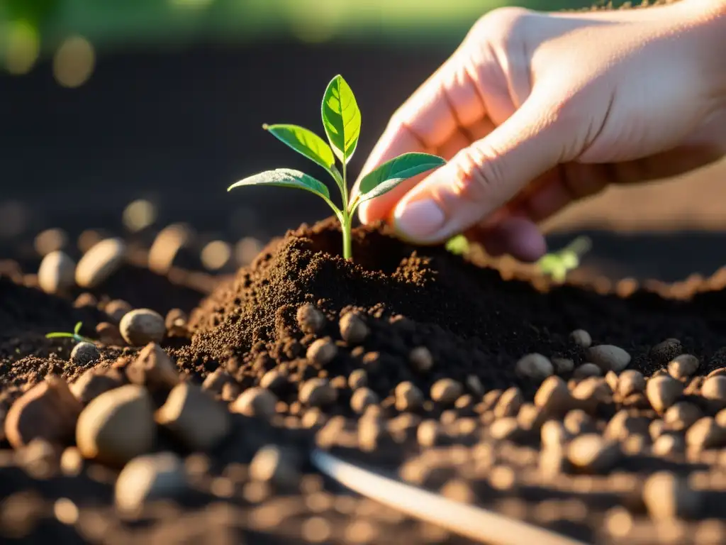 Mano plantando un árbol en suelo fértil, con luz solar filtrándose entre las hojas