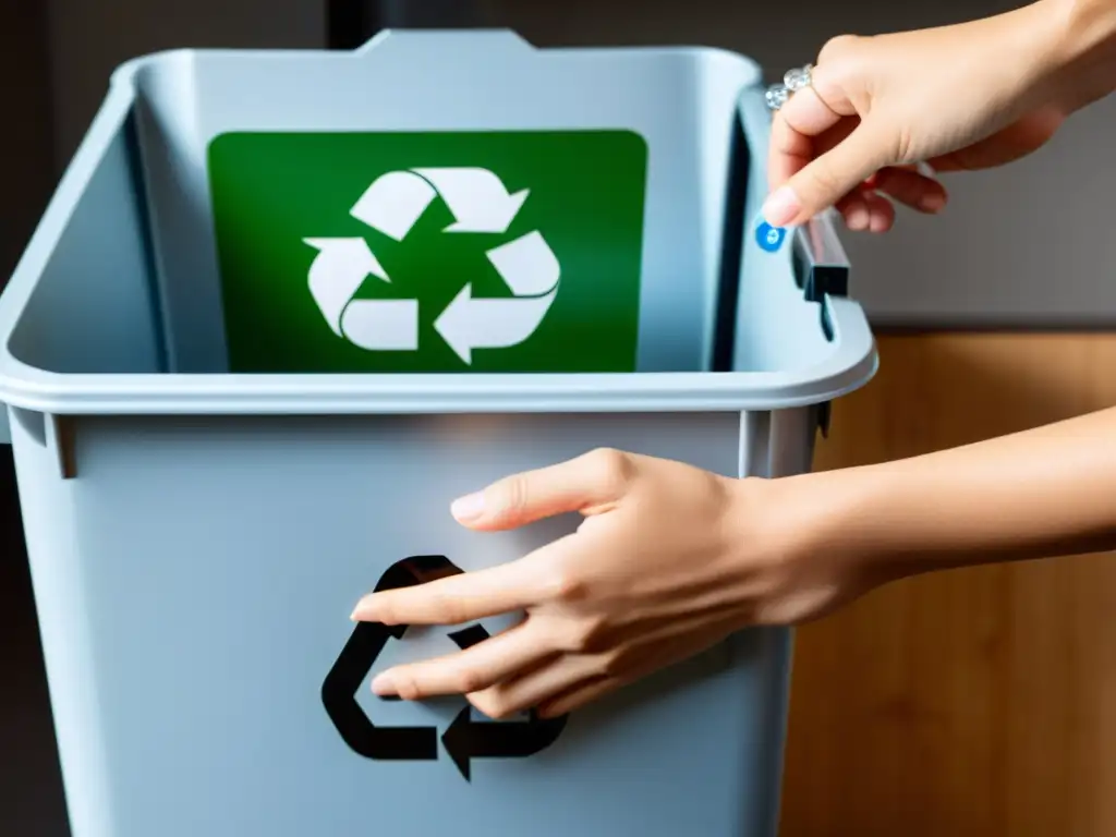 Una mano coloca cuidadosamente un artículo reciclable en un contenedor moderno etiquetado