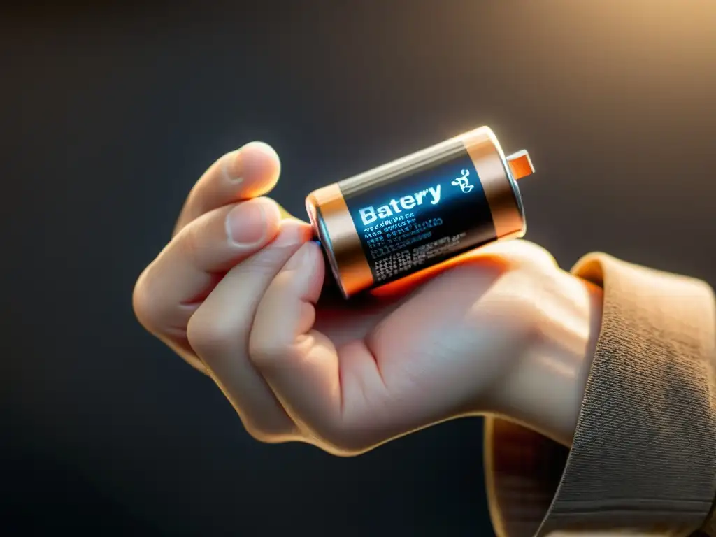 Una mano sostiene una batería usada con detalles intrincados, en un entorno minimalista que destaca la importancia del reciclaje de baterías usadas