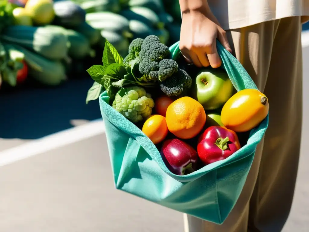 Una mano sostiene una bolsa reutilizable llena de frutas y verduras coloridas, iluminada por el sol