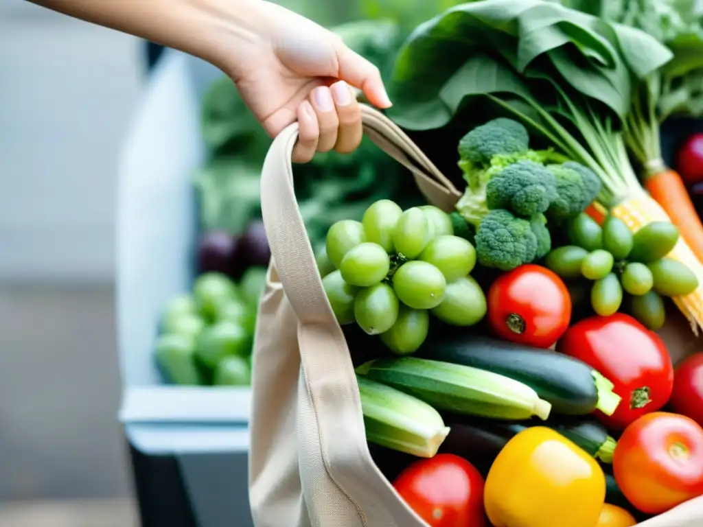 Una mano sostiene una bolsa reutilizable llena de productos frescos, transmitiendo los beneficios de usar bolsas reutilizables para hacer las compras